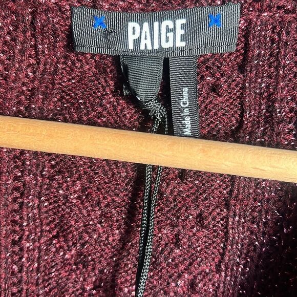 NEW PAIGE Nanari Metallic Cable Knit V-Neck Cardigan in Burgundy Sparkle - Picture 7 of 11